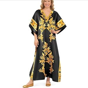$5 ADD ON with $15+ Bundle‎ Kaftan Caftan Maxi Dress Black Gold OSFM NWT